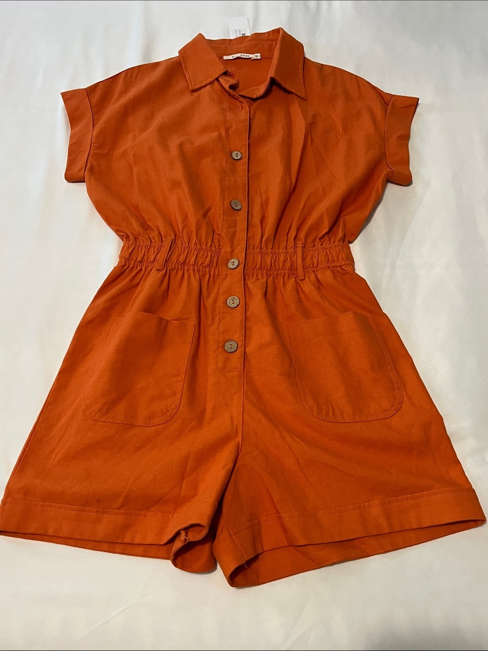 NWT Ellison Orange Button Down Shorts Romper (No Belt) Cotton/Linen/Poly Blend